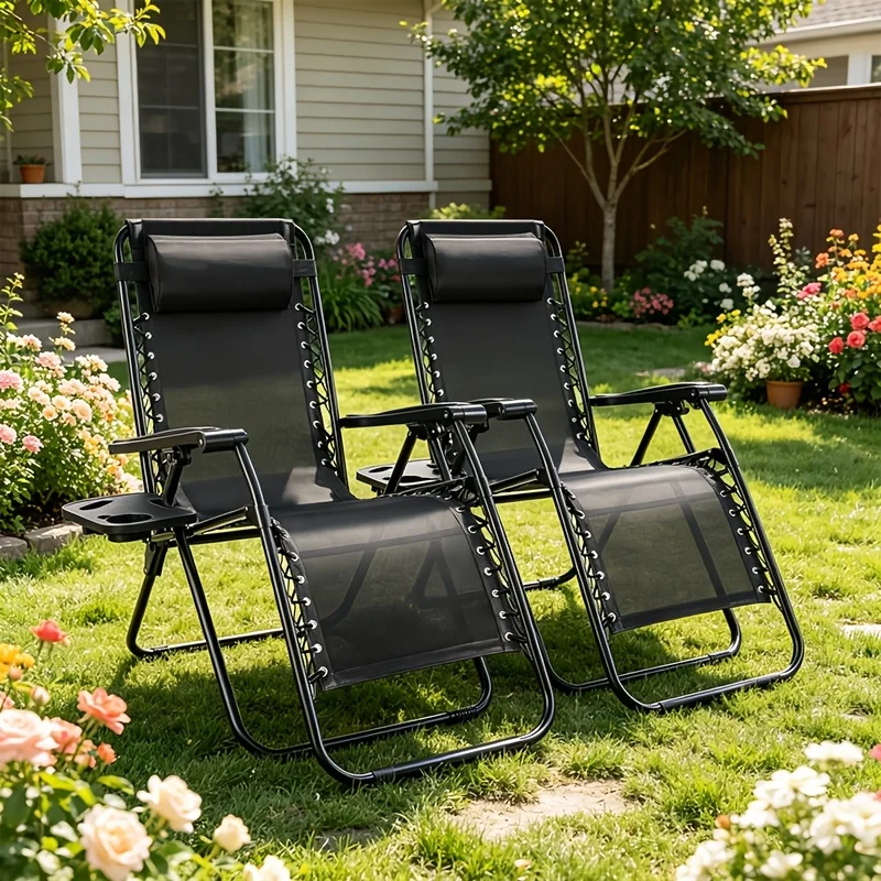 

2pcs Zero Gravity Chairs, Outdoor Folding Recliner Lounge Chair, Breathable Fabric Adjustable Reclining Patio Chair With Cup Holder Trays & Headrest Pillow For Beach Camping Poolside Backyard Garden Lawn