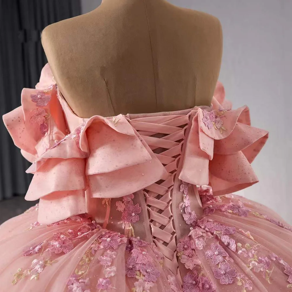 vestidos 15 Quinceañera kanten bloem off-shoulder kanten rug roze baljurk lange formele jurk