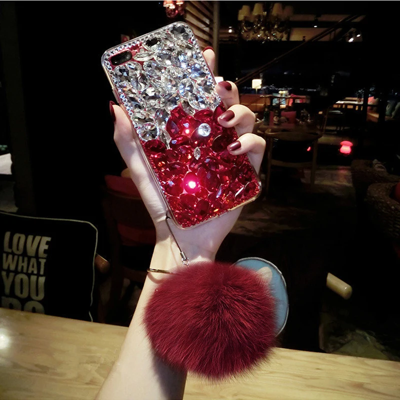 Luxury 3D Diamond Bling Crystal Fur Pompom Cases for Samsung Galaxy A14 A34 A54 A13 A33 A53 A73 A21S A12 A32 A22 A52 A72 5G