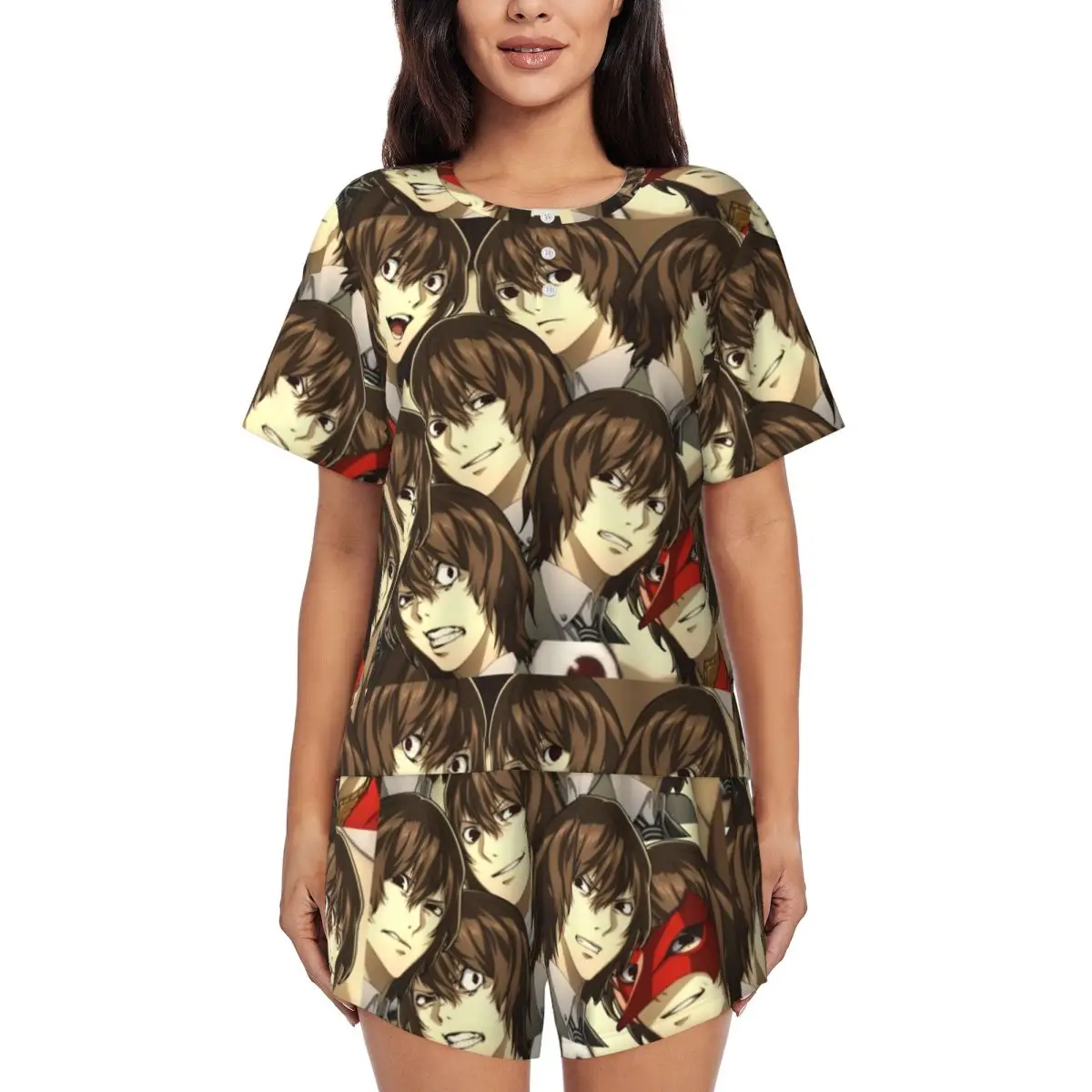 

Many Faces Of Goro Akechi Round Neck Short Sleeves Nightdress for Sleeping Sleepshirts Women Loose Pajama Set Short Pants
