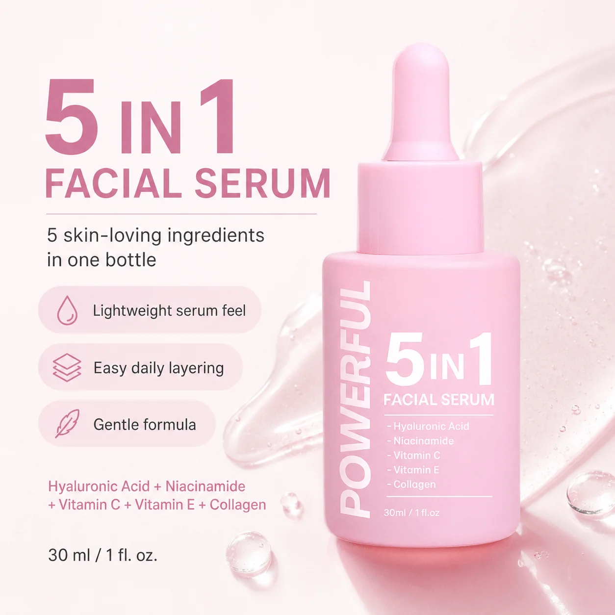 KL.RANKO 5 in 1 Anti Wrinkle Firming Serum for Face, Vitamin C and Niacinamide Serum with Hyaluronic Acid, Vitamin E & Collagen, Antioxidant Serum for Face, Brighten, Anti-Aging Skincare, Lifting & Firming, 30ml/1.01fl.oz