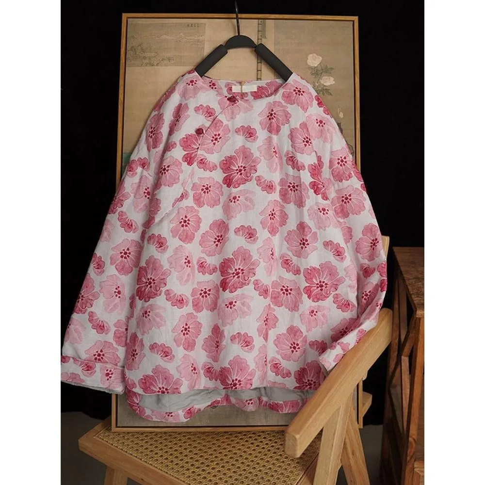 

Хлопковое платье в стиле ретро с косым воротником на пуговицах, теплоизоляционное пальто с традиционным принтом, антивозрастное осенне-зимнее пальто