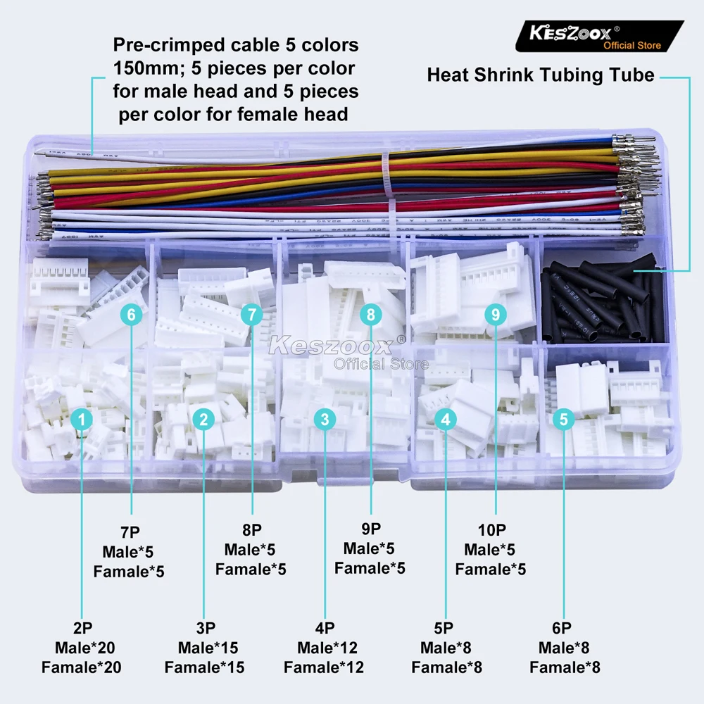 Keszoox 2mm Connectors JST PH 2.0mm PHR HY 2.0 Male Female Connectors Housing with Pre-crimped Cable JST Connector Kit