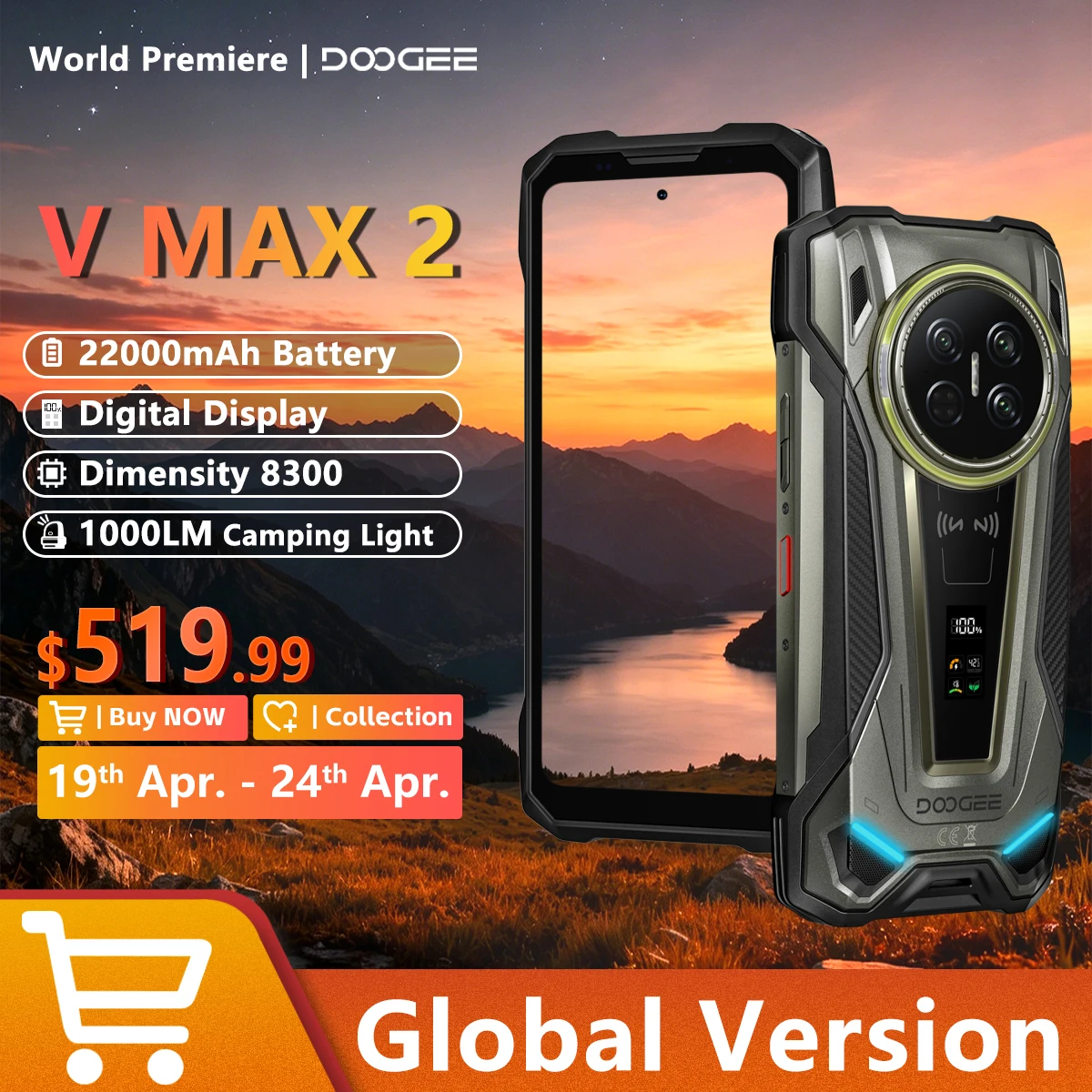 [Мировая премьера] Защищенный смартфон DOOGEE V MAX 2 2026 года, 5G, Dimensity 8300, цифровой дисплей, 16 ГБ+512 ГБ, 22000 мАч, 6.78