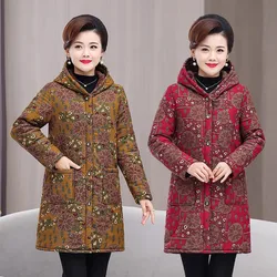 5XL Mother Winter Cotton Clothes Add Velvet Thick Warm Hooded Padded Coat Middle Aged Elderly Grandma Casual Long Parkas Jacket