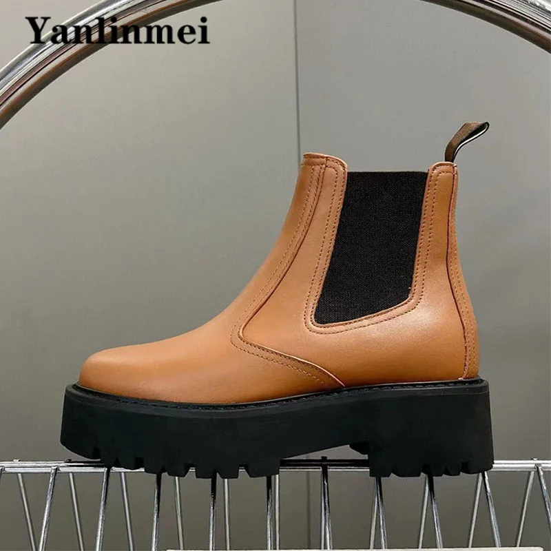 Thick Sole Motorcycle Boots Women Luxury Genuine Leather Flat Platform Shoes Round Toe Slip-on Short Boots Woman Botas Mujer