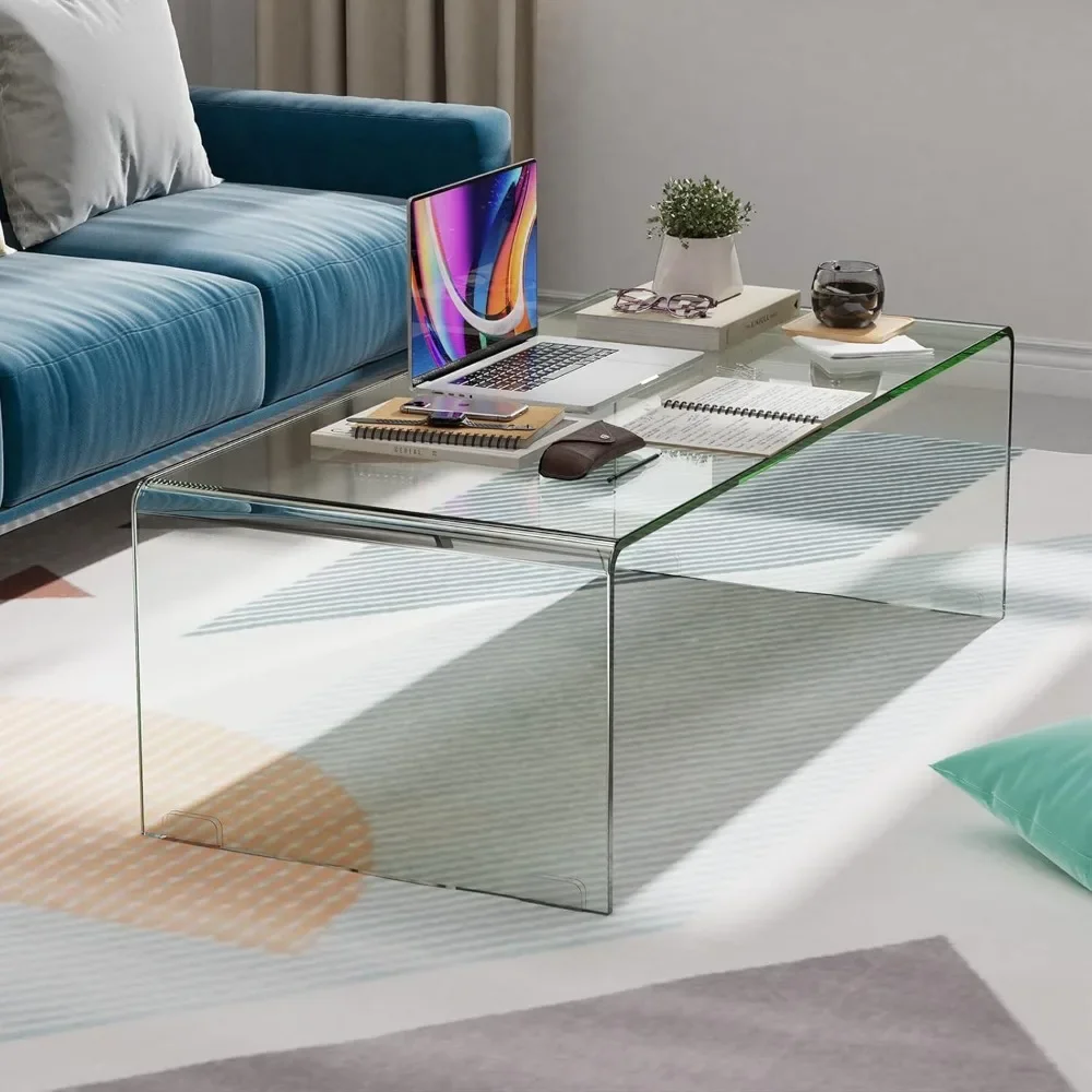 42.5" L × 20" W ×14" H, Modern Home Furniture, Clear Tempered Glass End Table, Waterfall Table with Rounded Edges