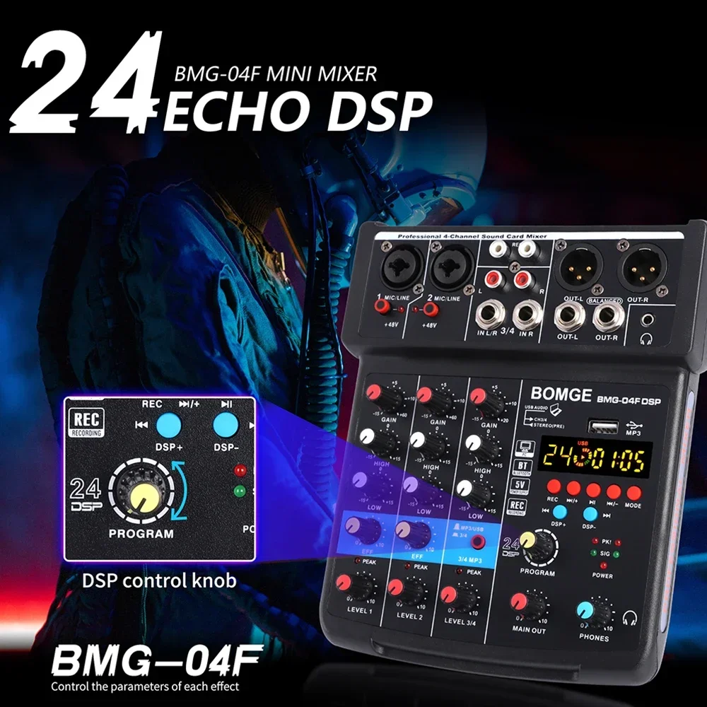 Audio Sound Mixer 4 Channel Dj Mixing Console Sound Card With Mon itor 24 Echo DSP 48V Phantom Power For PC Record Karaoke Party