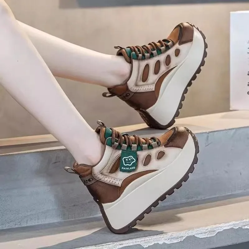 Vintage Washed Leather High Top Platform Trainers Ladies Brown Beige Contrast Color Non-slip Chunky Sole Lace Up Casual Sneakers