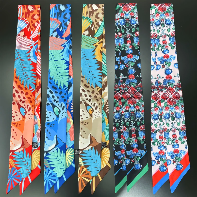 90*5cm Summer New Feather Print Female Decoration Twill Long Ribbon Binding Bag Silk Ribbon Hair Belt Hot Selling Small Scarf