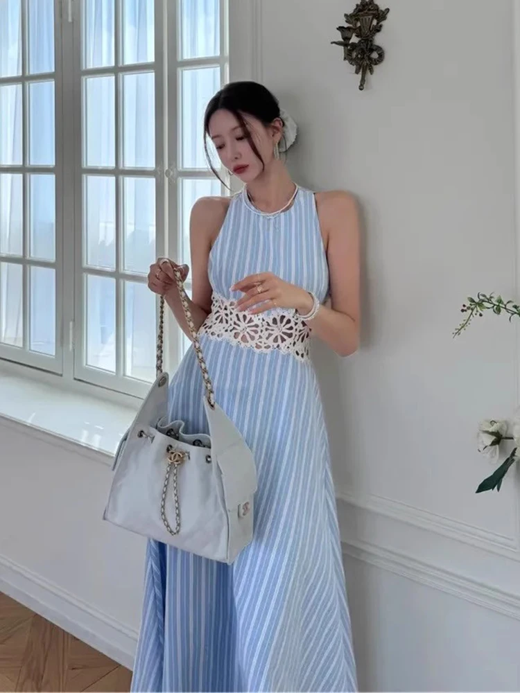 Liangliang été nouveau Sle femmes Dr évider dentelle épissage rayures Svel gilet Long Dr taille haute Version coréenne