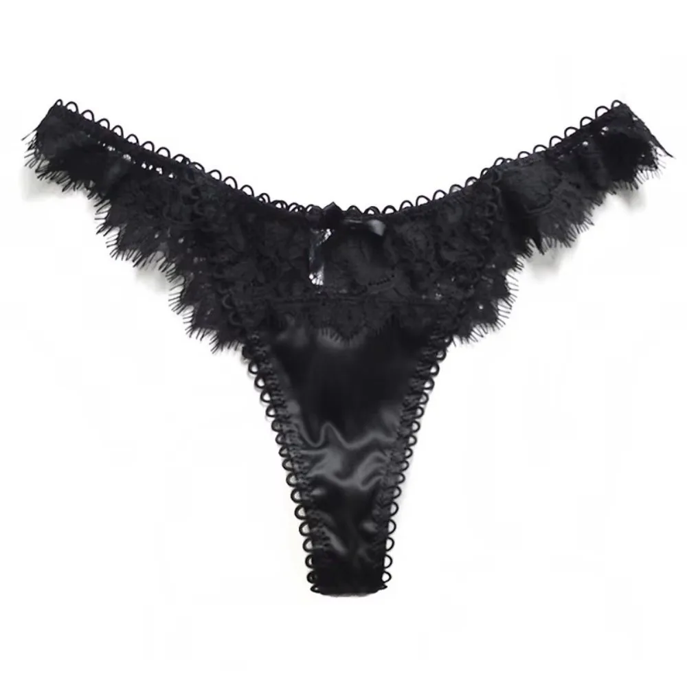 Breathable Romantic Lace Thongs Hollow Out Low-waist Lace Mesh Panties Patchwork T-back Satin Silk Briefs Women