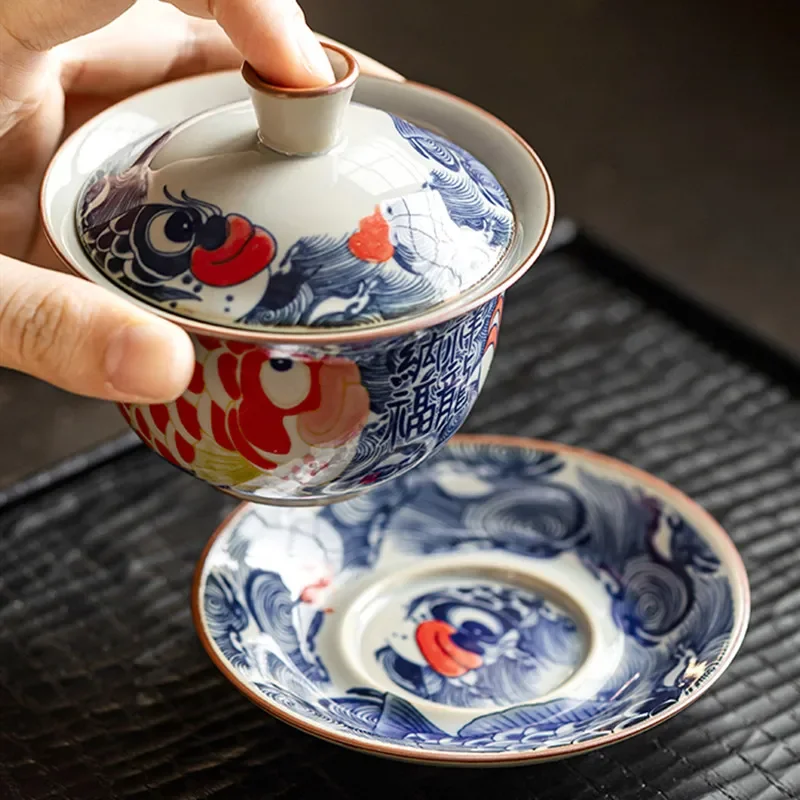 セラミックティーポット,中国の青と白,fish gaiwan,美容注入器,家庭用ティーボウル,手作りのウェア,130ml