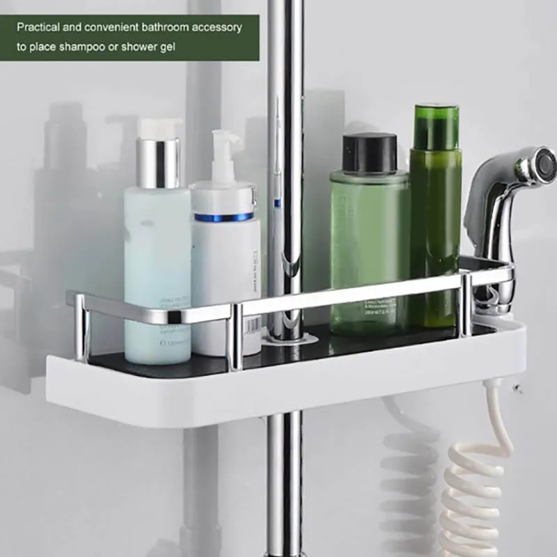 Bathroom Shower Storage Rack Organizer No Drilling Lifting Rod Shower Head Holder Shower Gel Shampoo Tray Holder Pole Shelves