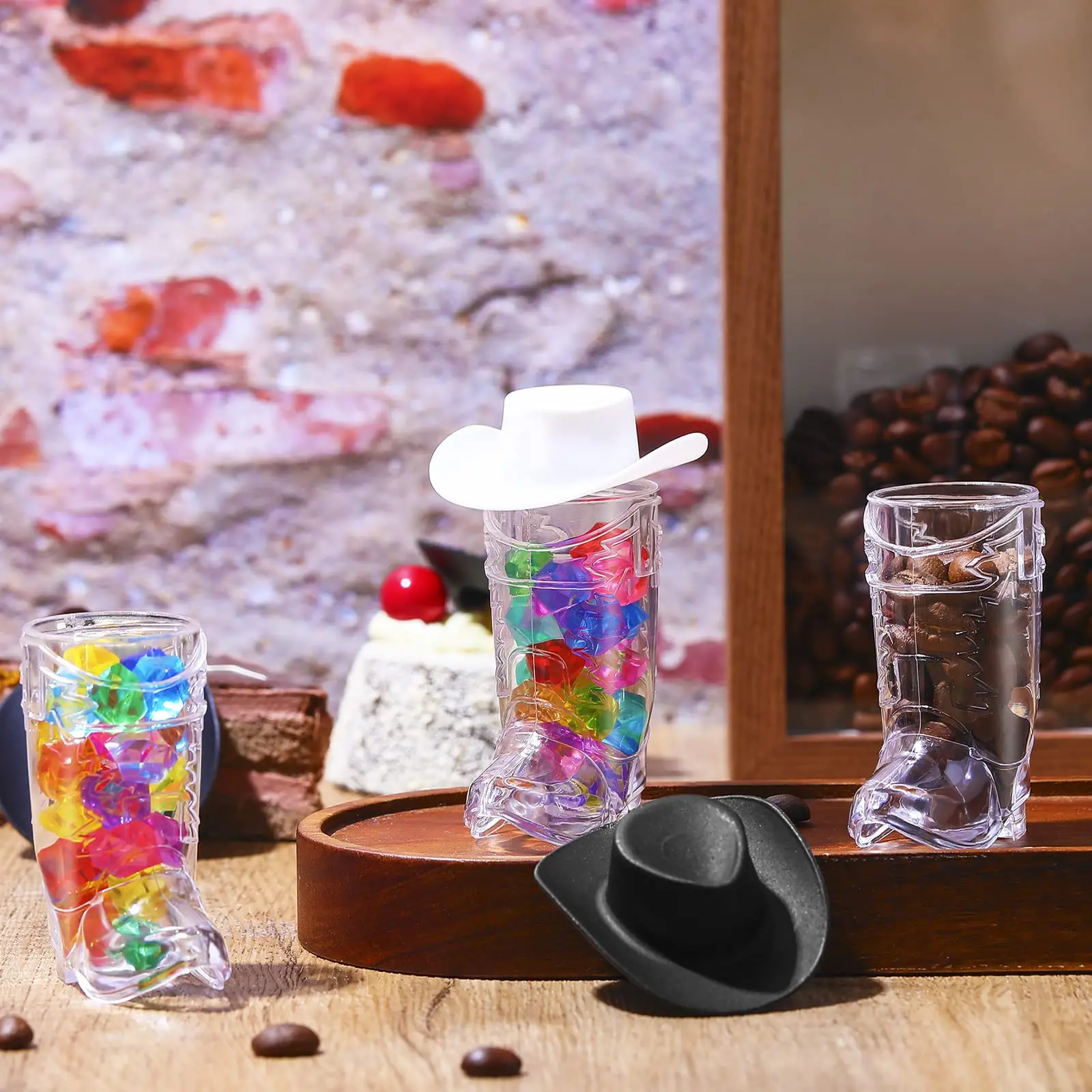 Cowboy-Schnapsgläser aus Kunststoff, Mini Western-Cowgirl-Hüte und Stiefel-Gläser, Einzelstücke für Party, Bräutigam, Brautparty, Hochzeitsdekorationen – Detail 6