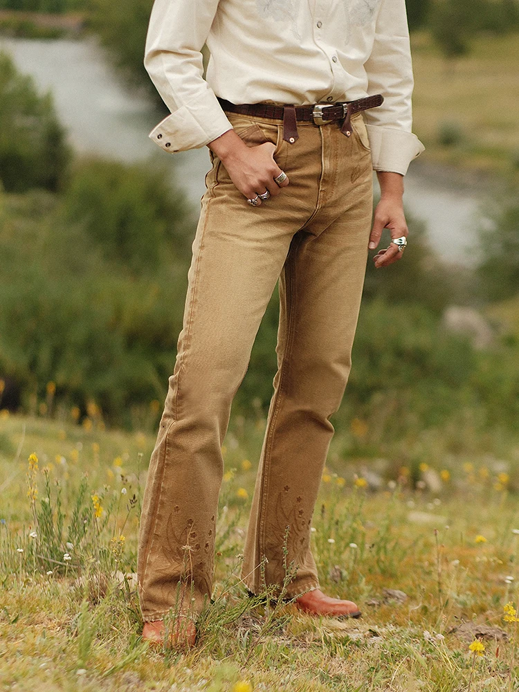 Western Series Rattlesnake 16OZ Red Ear Sails Ready-to-wear Dyeing Splice Narrow Flare Pants MBBCAR Jeans Youth Winter Wear