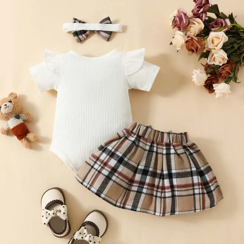 0-18 Months Summer Newborn Baby Girl Clothes Outfits Cartoon Bear Embroidered Short Sleeve Bodysuit Plaid Skirt with Hairband