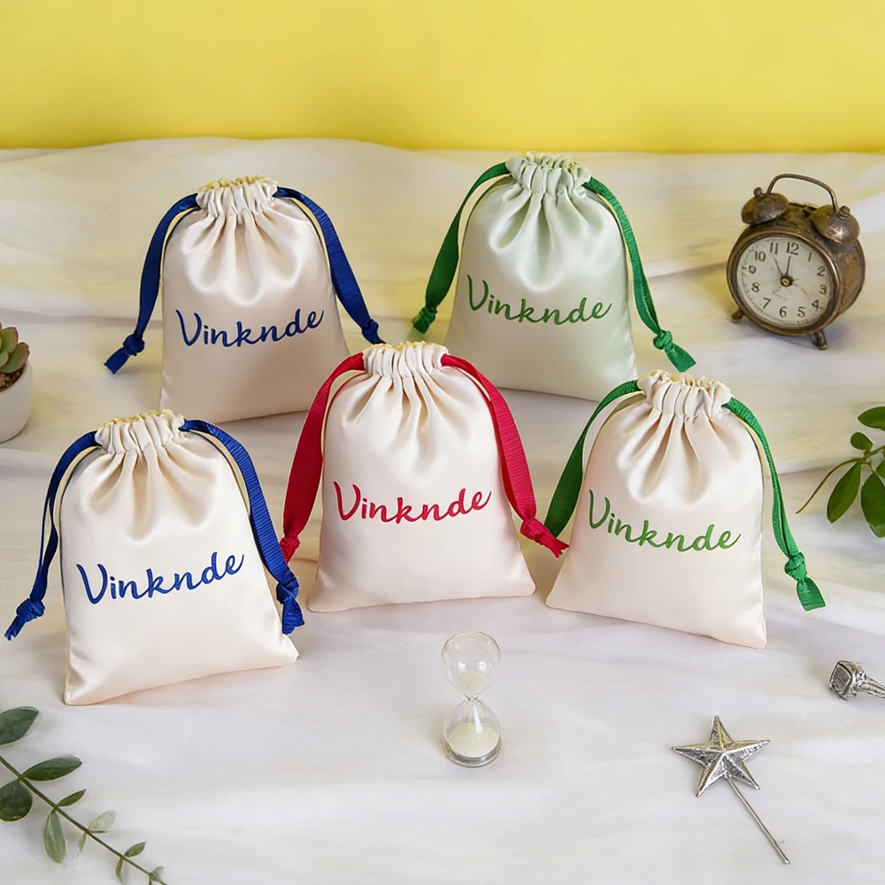 

200Pcs Beige Satin Silk Drawstring Bag Pouches Custom Logo Earrings Ring Jewelry Packaging Sack Wedding Favor Gift Storage Bags