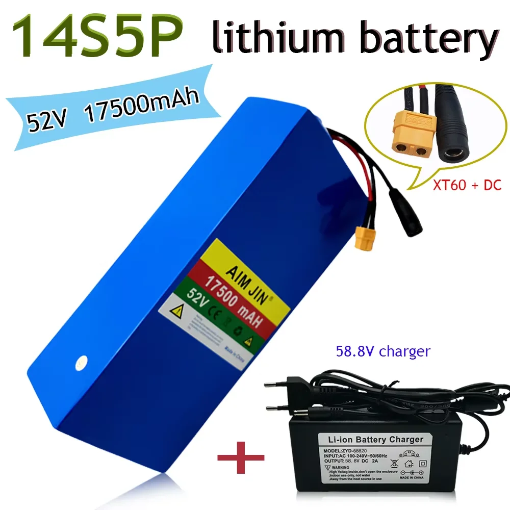 

100% New 52V 14S5P 17500mAh 18650 1500W Lithium Battery for Bicycle Scales, Tricycles, Motorcycle Chargers 58.8V 2A