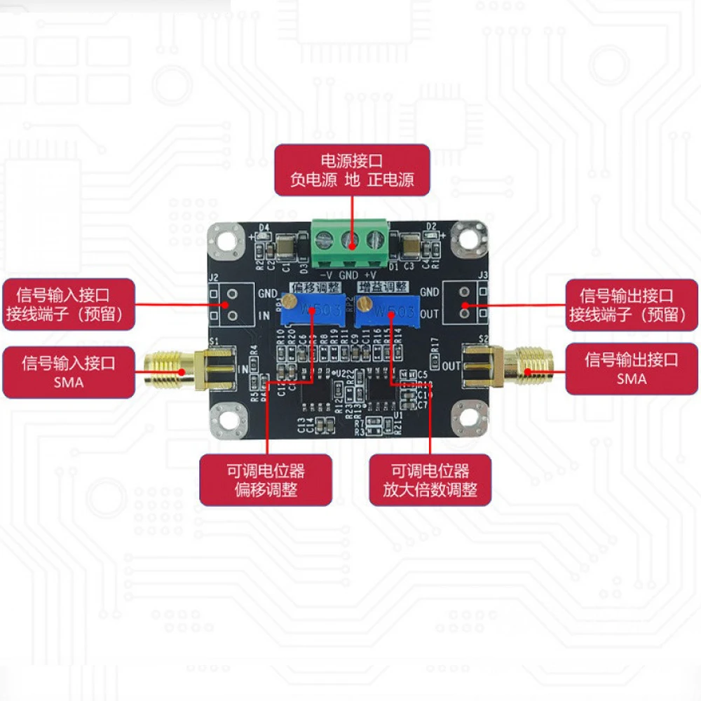 DC Bias Adjustable Amplifier Module ±5V-±18V Power Supply 2MHz Bandwidth Gain 113x Bias for ADC DAC Buffer Signal Conditioning