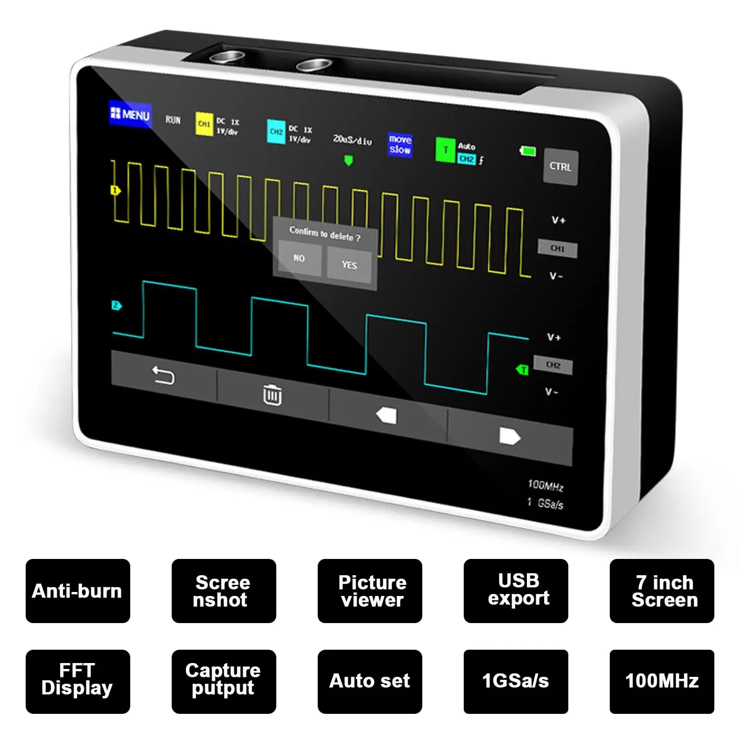 

1013D 1GB Storage Handheld Oscilloscope, Digital Tablet Oscilloscope, 100MHz Bandwidth, Dual Channel, 1GS Sampling Rate, 7 Inch