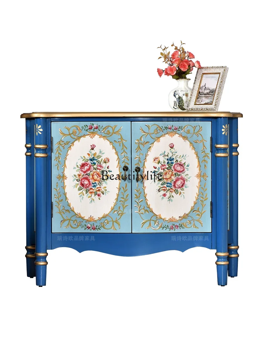 

FG40American Country Hallway Shoe Cabinet Integrated Solid Wood Living Room Hand Painting Blue Palace Style Storage Side Cabinet