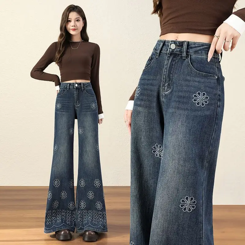 

Новые женские широкие джинсы Bootcut, осенне-зимние расклешенные брюки с вышивкой и высокой талией, женские повседневные джинсовые брюки