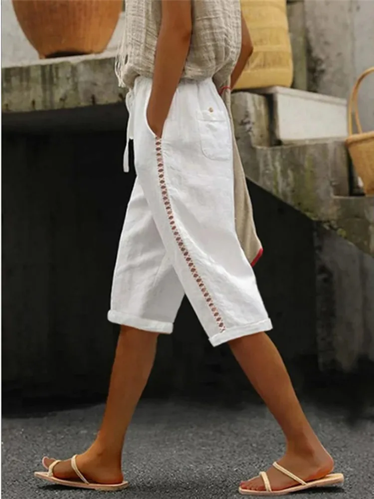 Cotton Linen Women Short Pants Summer New Solid Elegant Pockets Drawstring Lace Patchwork Ladies Casual Streetwear Shorts Bottom