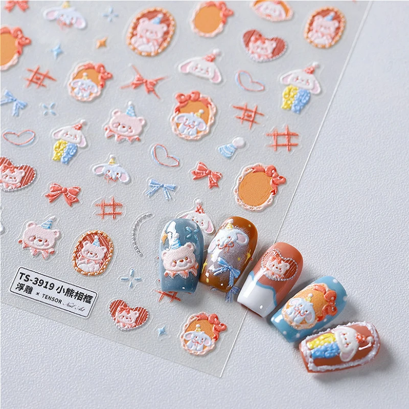 Lovely Bear Photo Frame Elephant Bow Cartoon 5D Reliefs Self Adhesive Nail Art Sticker Cute Cartoon 3D Manicure Decals Wholesale