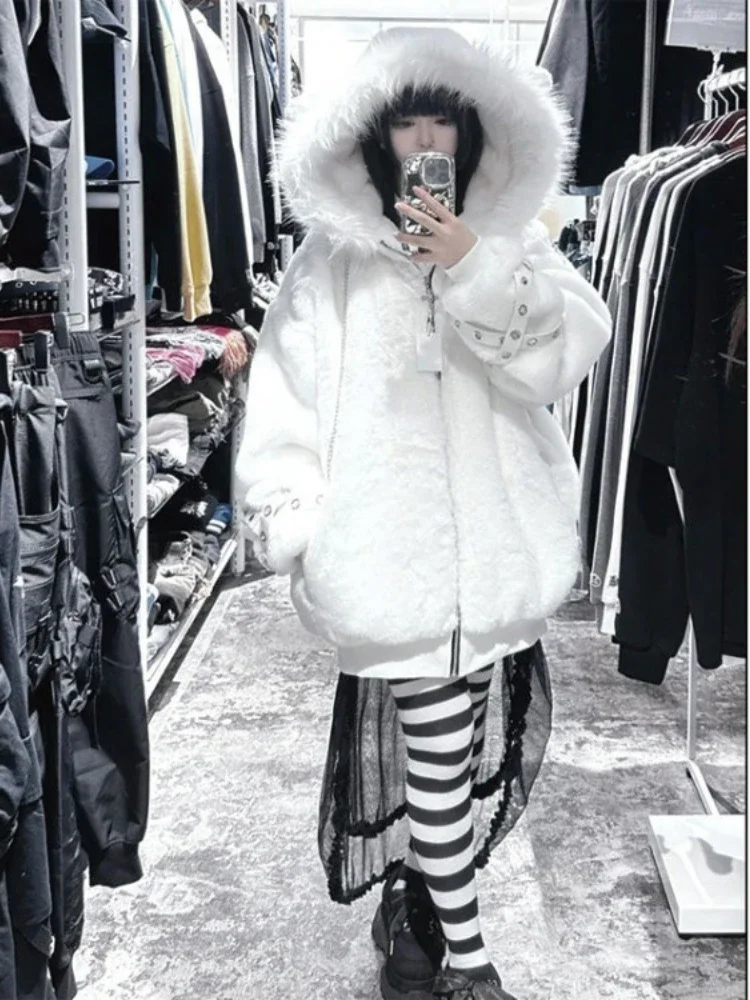 Vintage Solid Winter Y2k Aesthetic Jackets Grunge Pocket Fur Patchwork Loose Casual Hooded Coats Streetwear Women Harajuku Tops