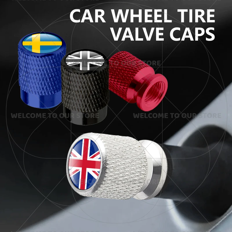 

For Sweden Swedish Flag Union Jack Britain Flag Emblem 4Pcs Aluminum Motorcycle Car Tire Valve Caps Wheel Stem Air Dust Covers