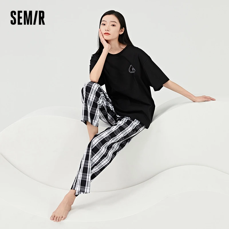 Semir Women Pajama Suit Fashion Letter Print Top Plaid Trousers Couple\'S Home Suit