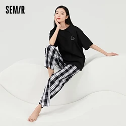 Semir feminino pijama terno moda carta imprimir topo xadrez calças couple's casa terno