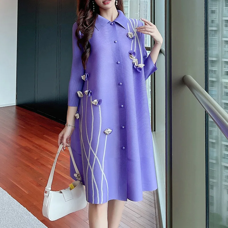 여성 셔츠 드레스 프린트 싱글 브레스티드 미디 드레스 턴다운 칼라 긴팔 스플라이스 베스티도스 캐주얼 A라인 오피스룩