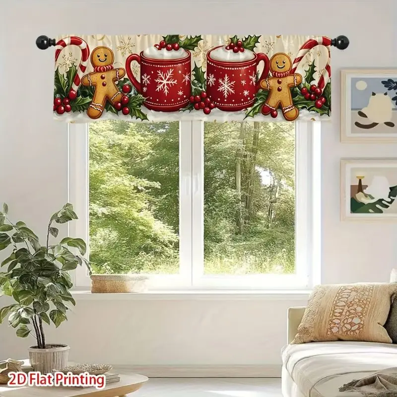 VIKAMA Beige Gingerbread Man Red Snowflake Mug Candy Cane Holly Christmas Short Window Curtain Cute Cookie Holiday Home Decor