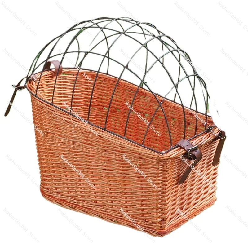 Rattan Pet Cage Basket Storage with Iron Cover Pet Dog Cage Storage Rear Basket Woven  Bicycle Frame