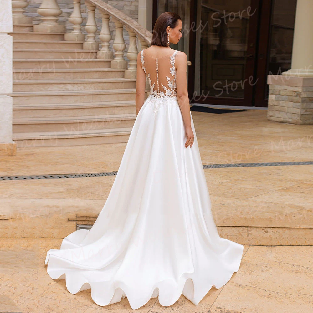 Sexy fascinante uma linha vestidos de casamento feminino bonito rendas apliques com decote em v vestidos de noiva sem mangas alta divisão abiti da sposa