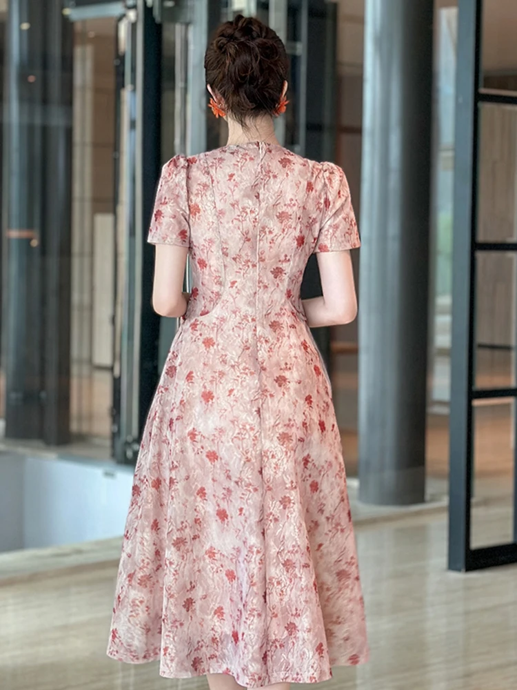 Letnia damska sukienka midi w stylu retro z kwiatowym nadrukiem, elegancka, z kokardą, bufiastymi rękawami, dopasowana, na imprezę, bal, vestidos, odzież damska, nowa