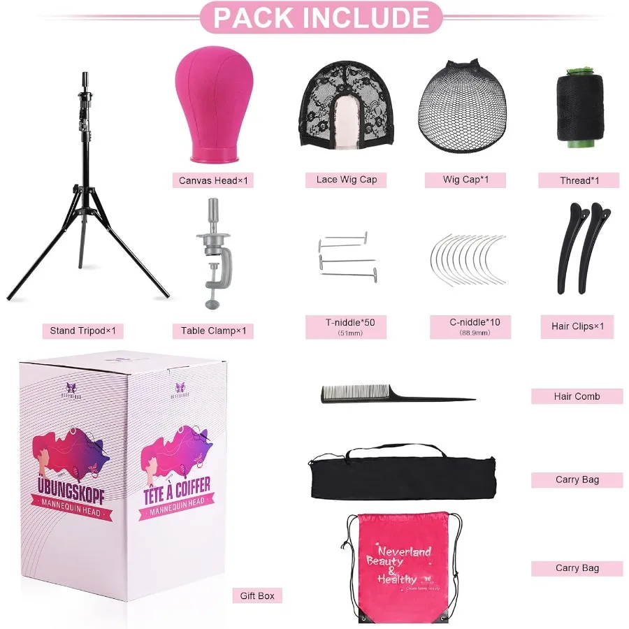 مجموعة رأس مانيكين ثلاثية القوائم قابلة للتعديل مع حامل شعر مستعار أحمر وردي لتطبيقات التجميل والتجميل مقاس 23 بوصة مع حامل رأس شعر مستعار مع