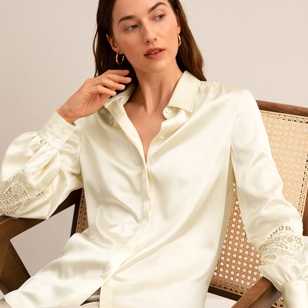 LILYSILK Woemn's Silk Evening Shirt Ladies Hollow Out Lace Long Sleeve Elegant Blouse for Most Occasions