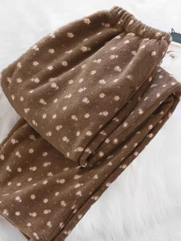 Thickened Straight Leg Pants Floral Print Home Wear Women's Outerwear Sleepwear Winter Warm Trousers Casual Comfortable Pants