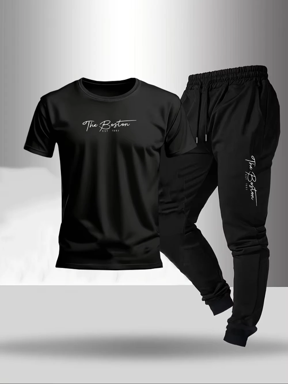 

Hot selling summer men's letter printed micro elastic comfortable round neck T-shirt pants set outdoor fashion two-piece set