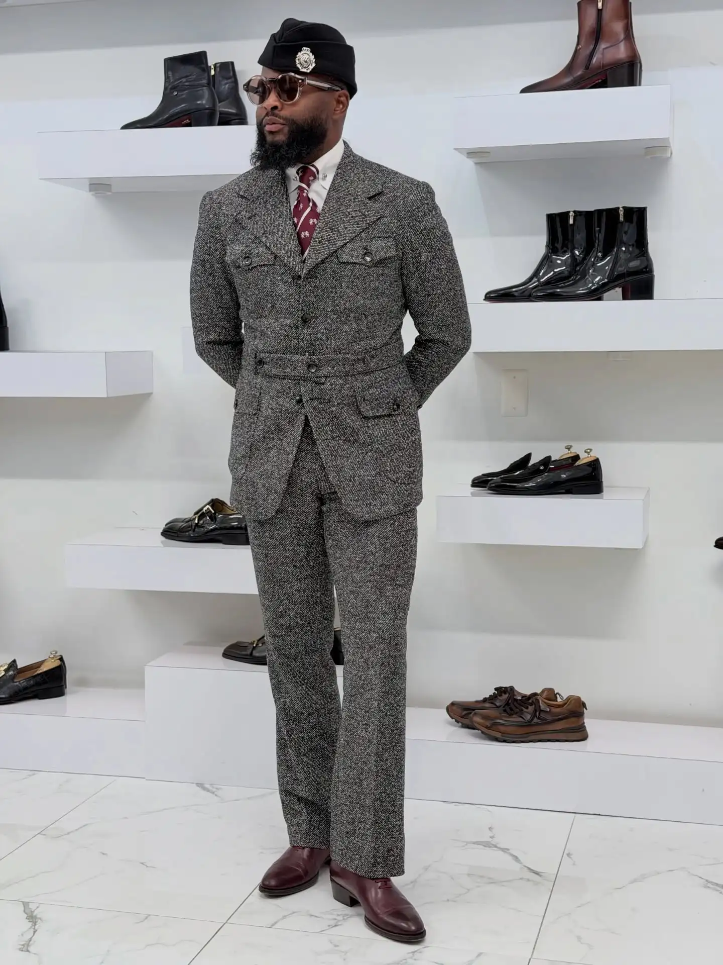 Classic Grey Salt and Pepper Tweed Suit with Half Belt Back and Multi Pockets Men Autumn Vintage Blazer Pants Customized M266702