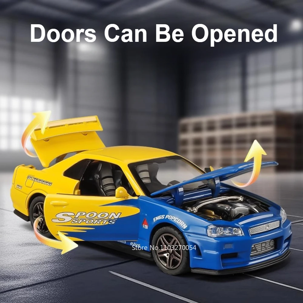 1:32 GTR R34 R45 Modello in miniatura Pressofuso in lega Auto Giocattoli 4 porte aperte Assorbimento degli urti Suono Luce Tirare indietro Regalo di Natale per bambini