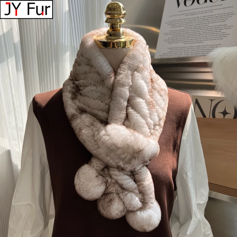 

2024 Winter Warm Lady 100% Natural Fur Ball Muffler Fashion Knit Rex Rabbit Fur Scarves Russia Women Real Rex Rabbit Fur Scarf