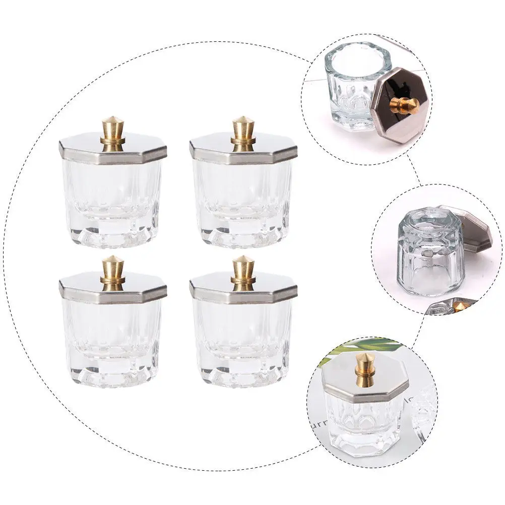 

4Pcs Crystal Clear Glass Nail Art Bowl Octagonal Lid Spill Proof Easy Clean Refillable Manicure Powder Dish Nail Liquid Cup