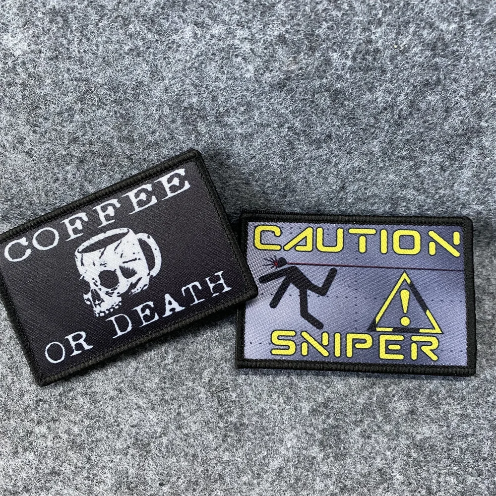 Coffee or Death Tactical Military Patch Hook and Loop Morale Badge CAUTION SNIPER Aim At Outdoor Backpack Sticker Armband Emblem