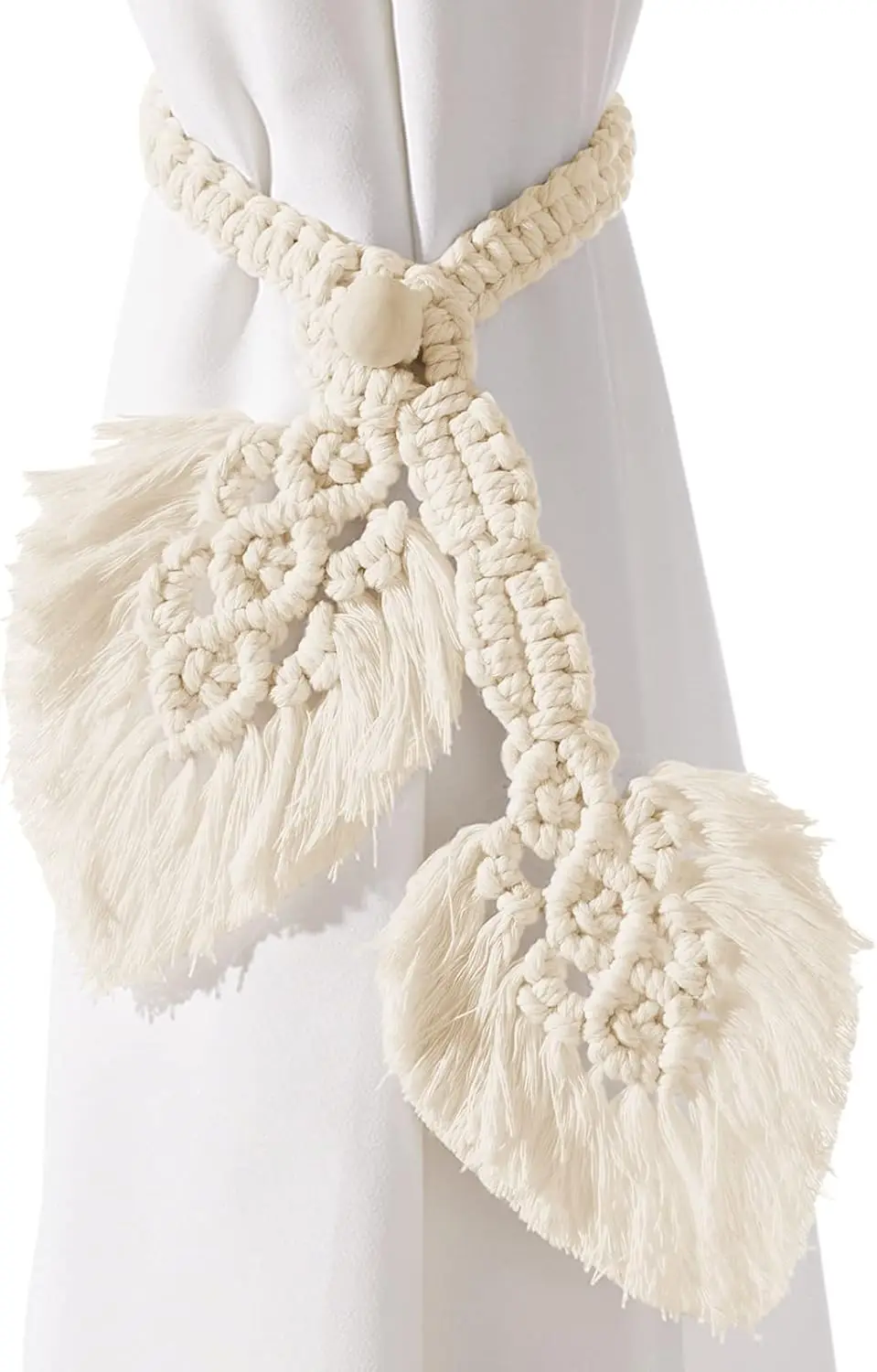 

Boho Curtain Tiebacks Hand Knitted Cotton with Adjustable Wooden Bead for Farmhouse Indoor Outdoor Drapes Beige
