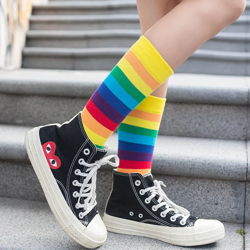 7 Pairs Rainbow Striped Women Socks Cute Elasticity Sweat School Girl Mid Tube Sock Casual Retro Breathable Harajuku Sport Socks