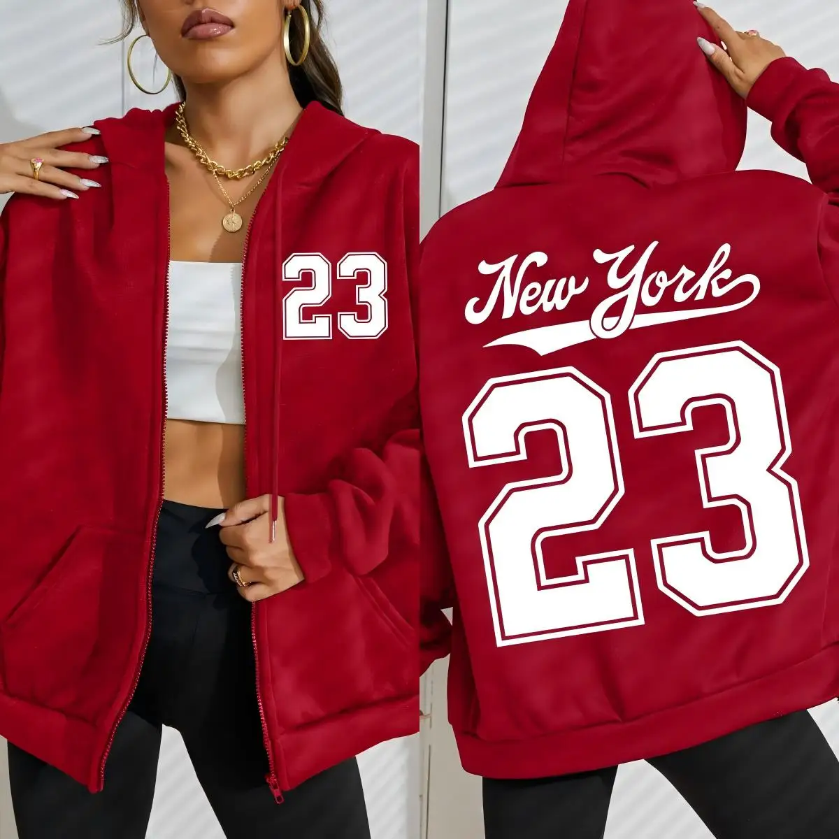New York Nummer 23, Kunst-Buchstabendruck, Damen-Kapuzenpullover mit Reißverschluss, modische Hoodies, Fleece-Sportbekleidung, Herbst, lässiger weiblicher Kapuzenpullover